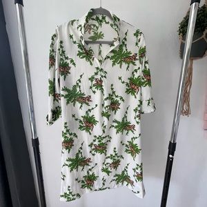 Vintage 1970s long sleeve polyester dress with cat and leaf print